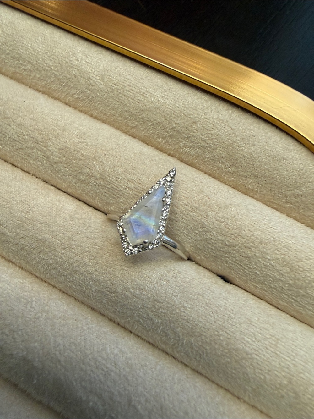 Sterling Silver Kite Moonstone Halo Ring in Iridescent White